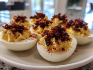 Close-up of several deviled eggs with candied bacon topping, sprinkled with paprika, ready to serve.