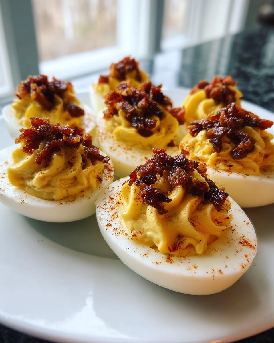 Close-up of several deviled eggs with creamy filling, topped with candied bacon bits, sprinkled with paprika.