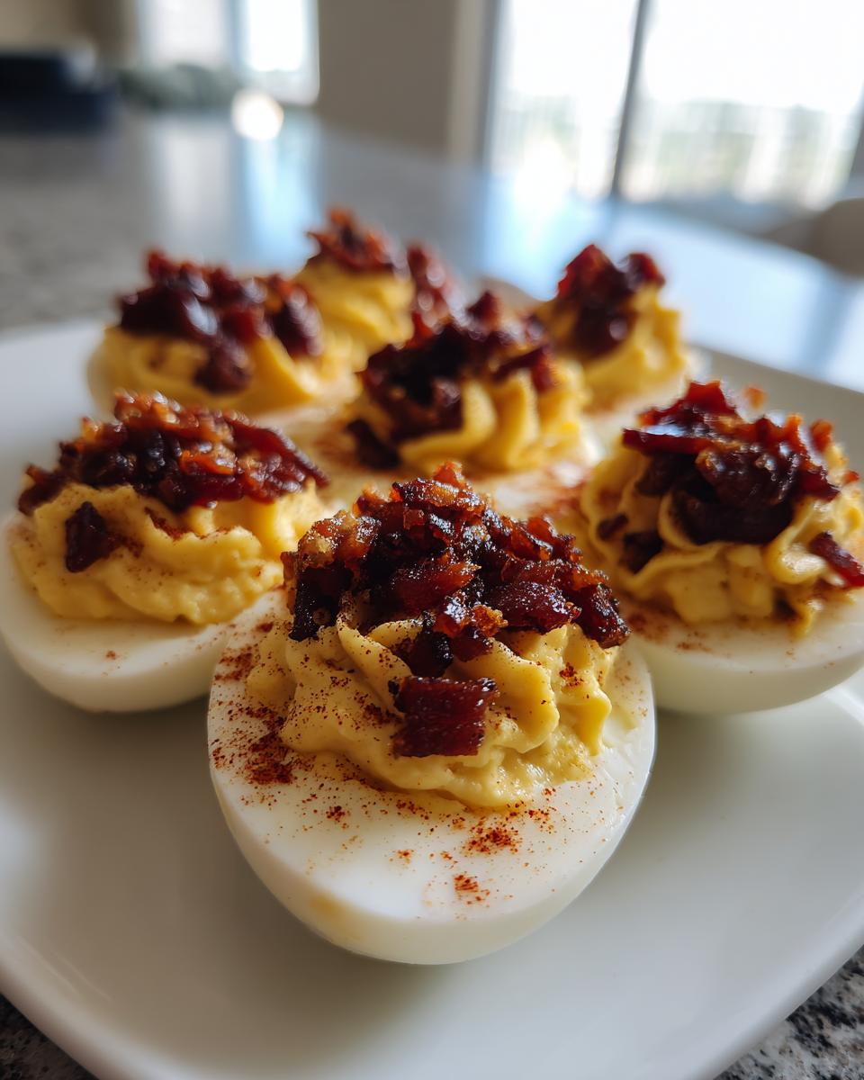 Close-up of several deviled eggs with candied bacon topping, piped filling, and a sprinkle of paprika.