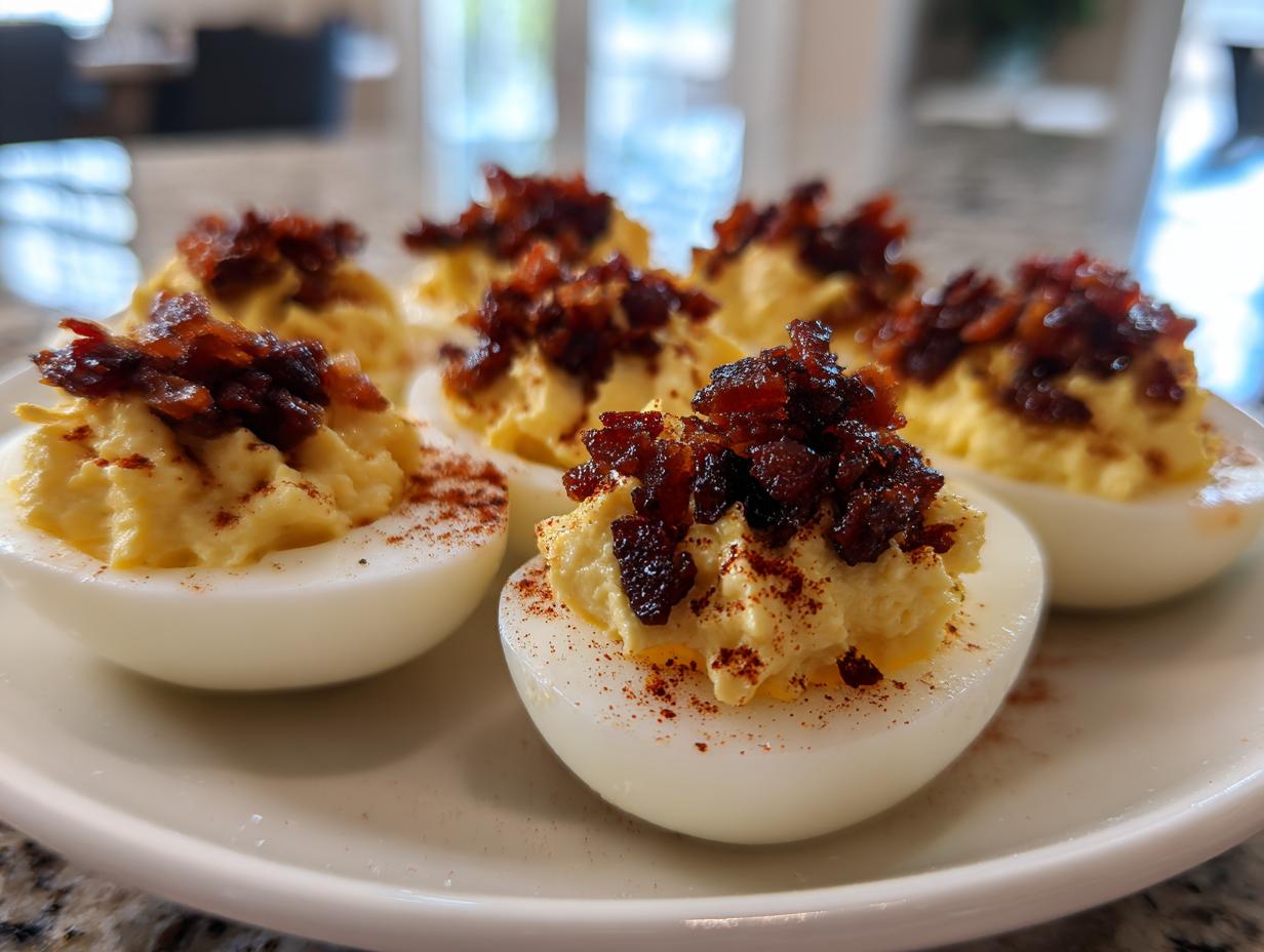 Close-up of several deviled eggs with candied bacon topping, sprinkled with paprika, ready to serve.