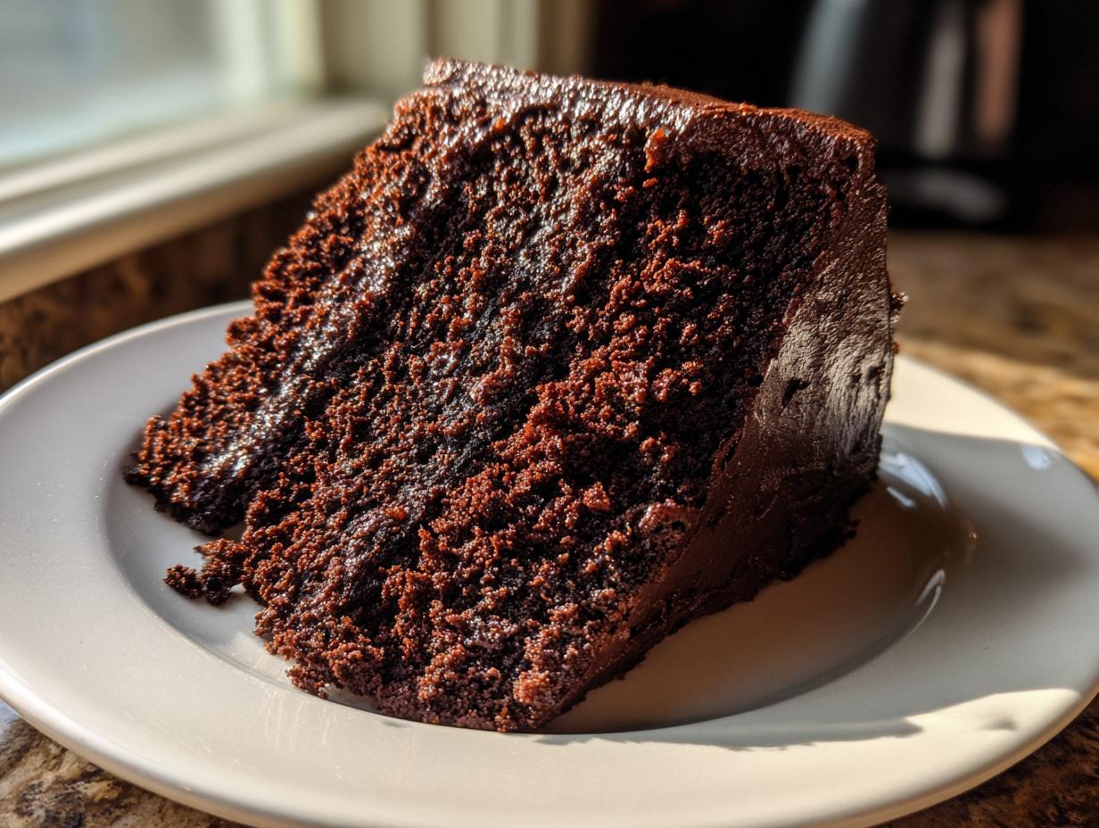 A close-up of a rich, dark slice of Devil's food cake covered in thick chocolate frosting, sitting on a white plate.