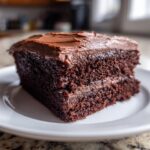 A close-up of a moist, dark slice of Devil's food sheet cake topped with thick chocolate frosting.