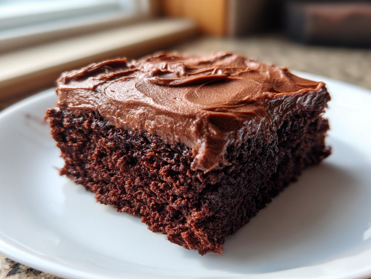 Close-up of a rich, dark slice of Devil's food sheet cake topped with thick chocolate frosting on a white plate.