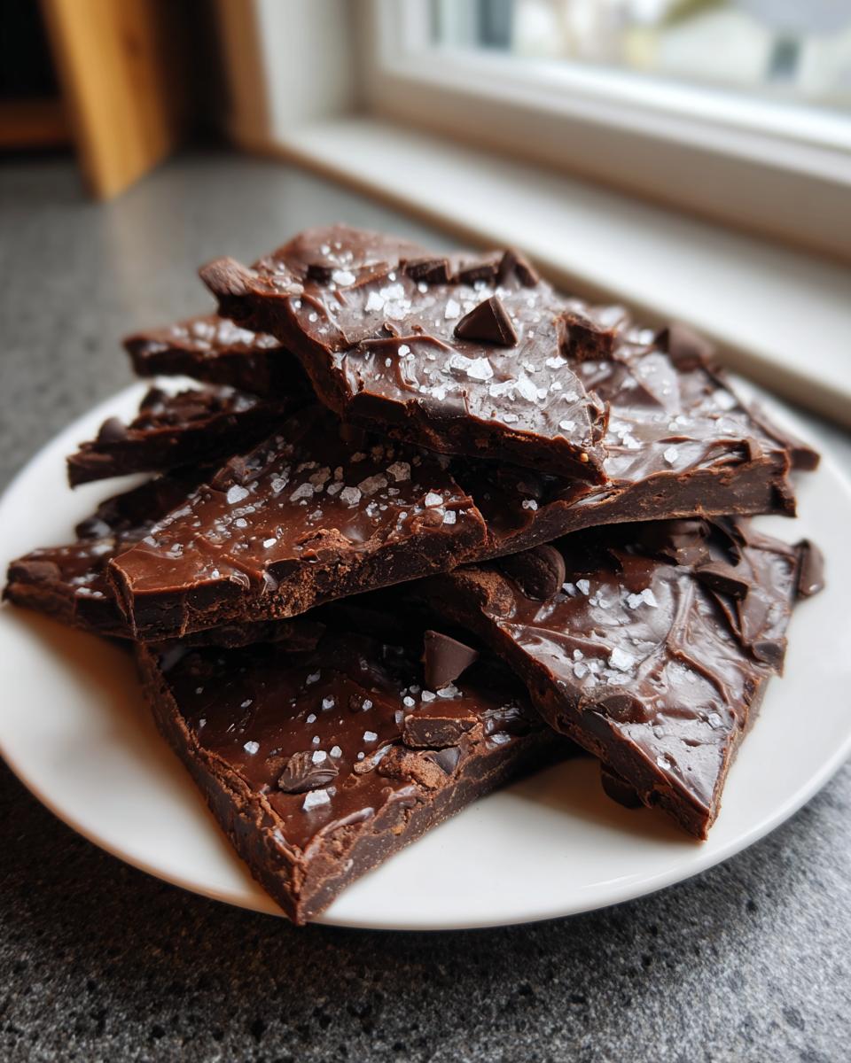 A stack of rich, dark Double chocolate brownie cookie bark pieces sprinkled generously with flaky sea salt.