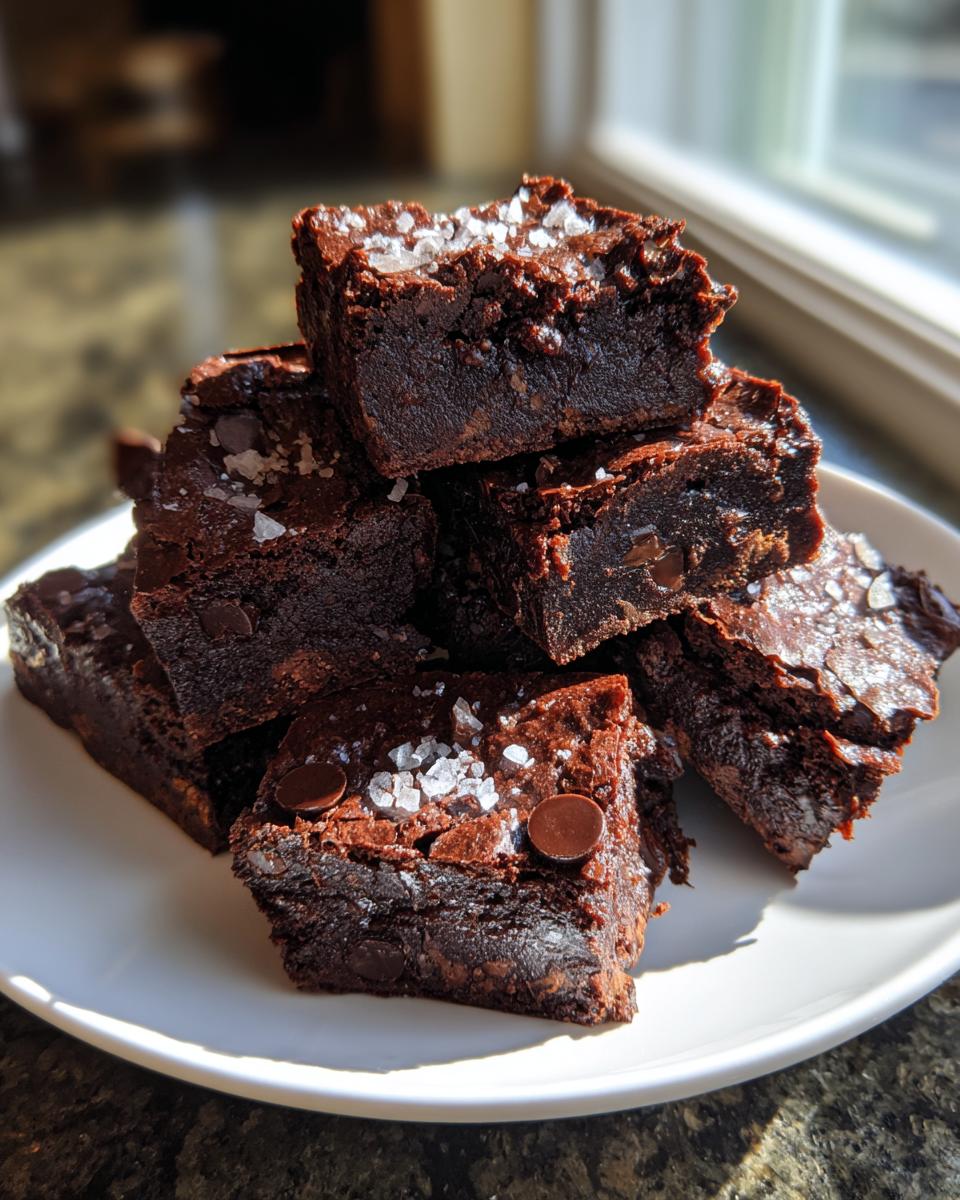 Stack of fudgy Double chocolate brownie cookie bark squares topped with sea salt flakes.