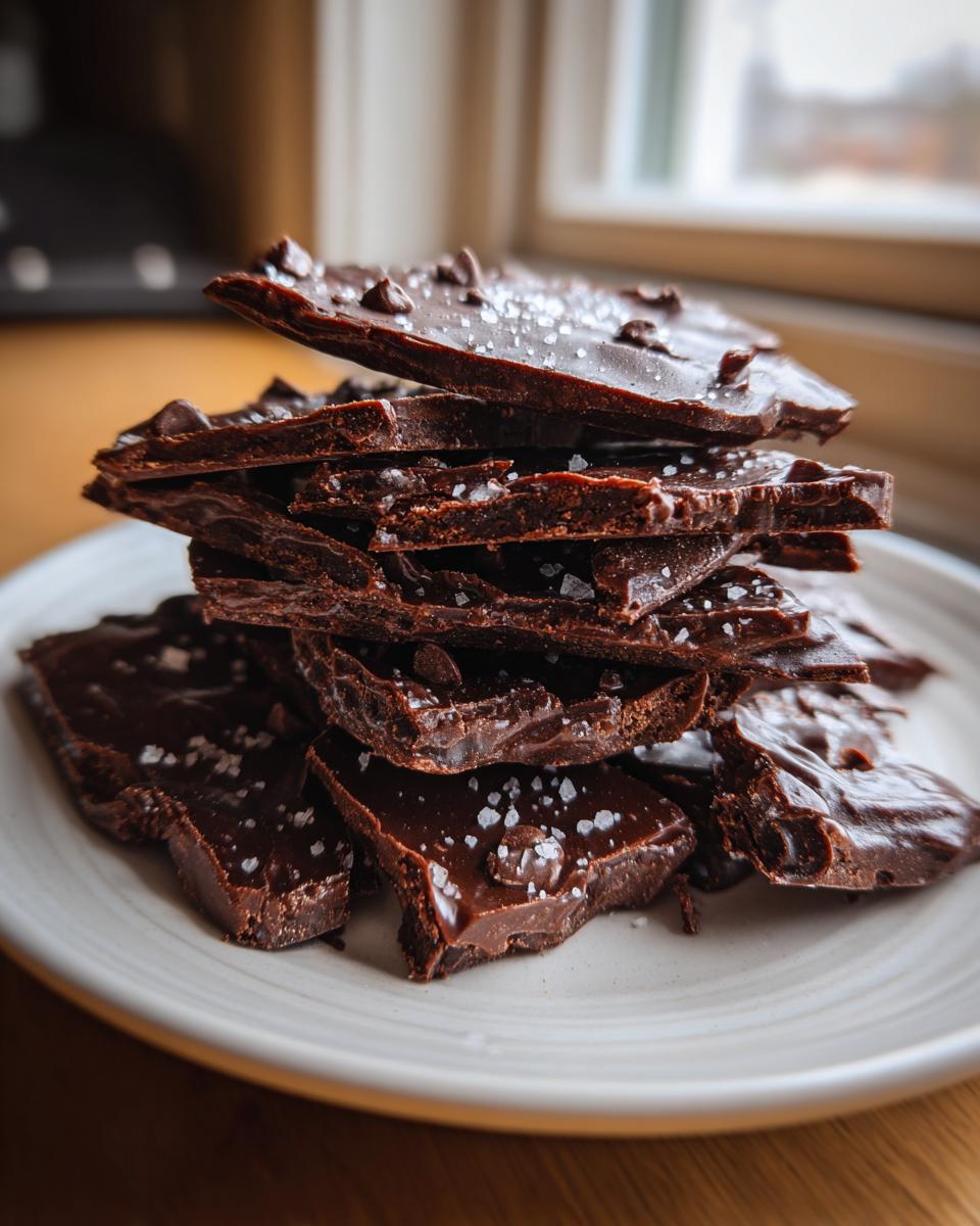 A stack of broken pieces of rich, dark Double chocolate brownie cookie bark sprinkled with sea salt.
