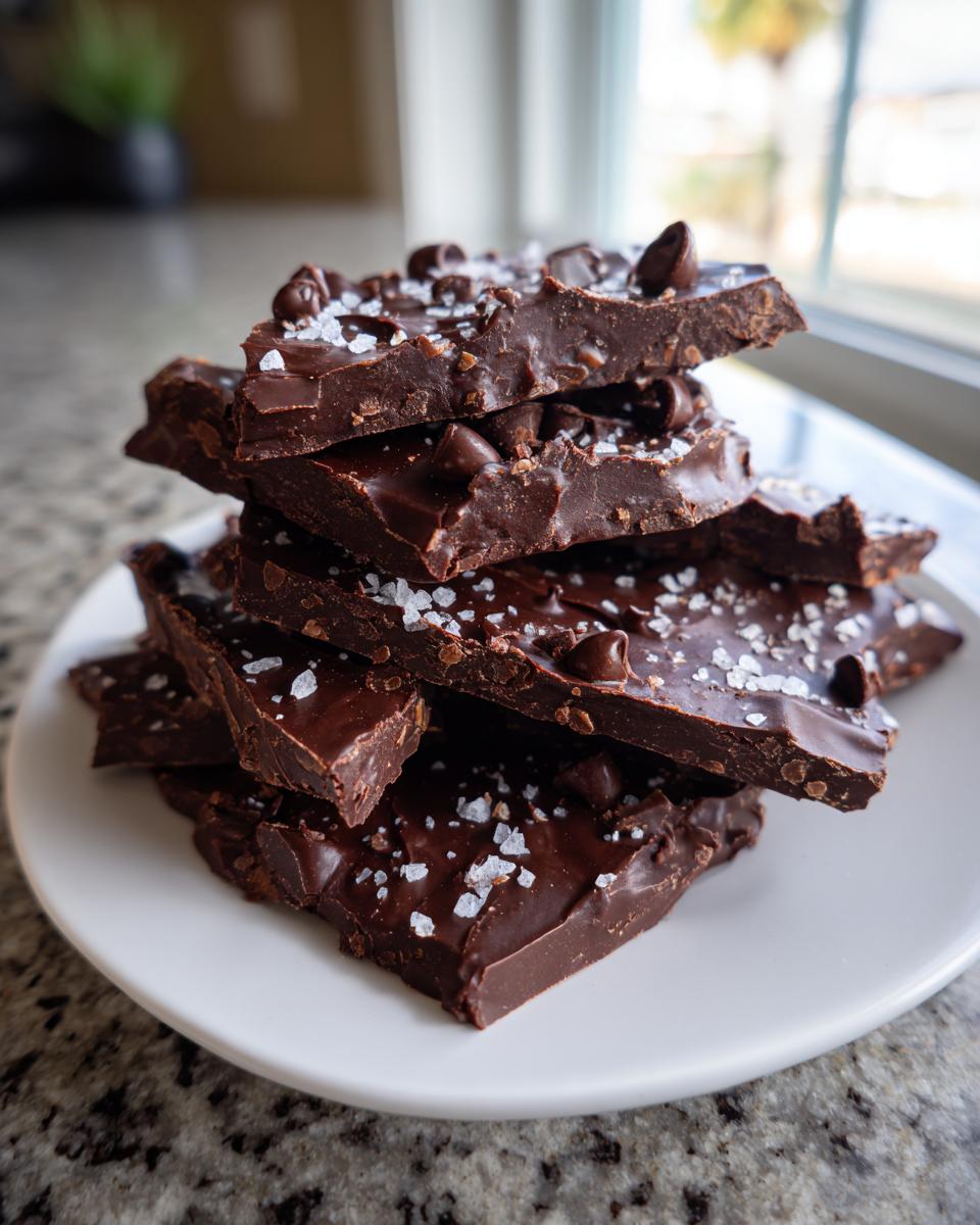 A stack of rich, dark Double chocolate brownie cookie bark pieces sprinkled with sea salt and chocolate chips.