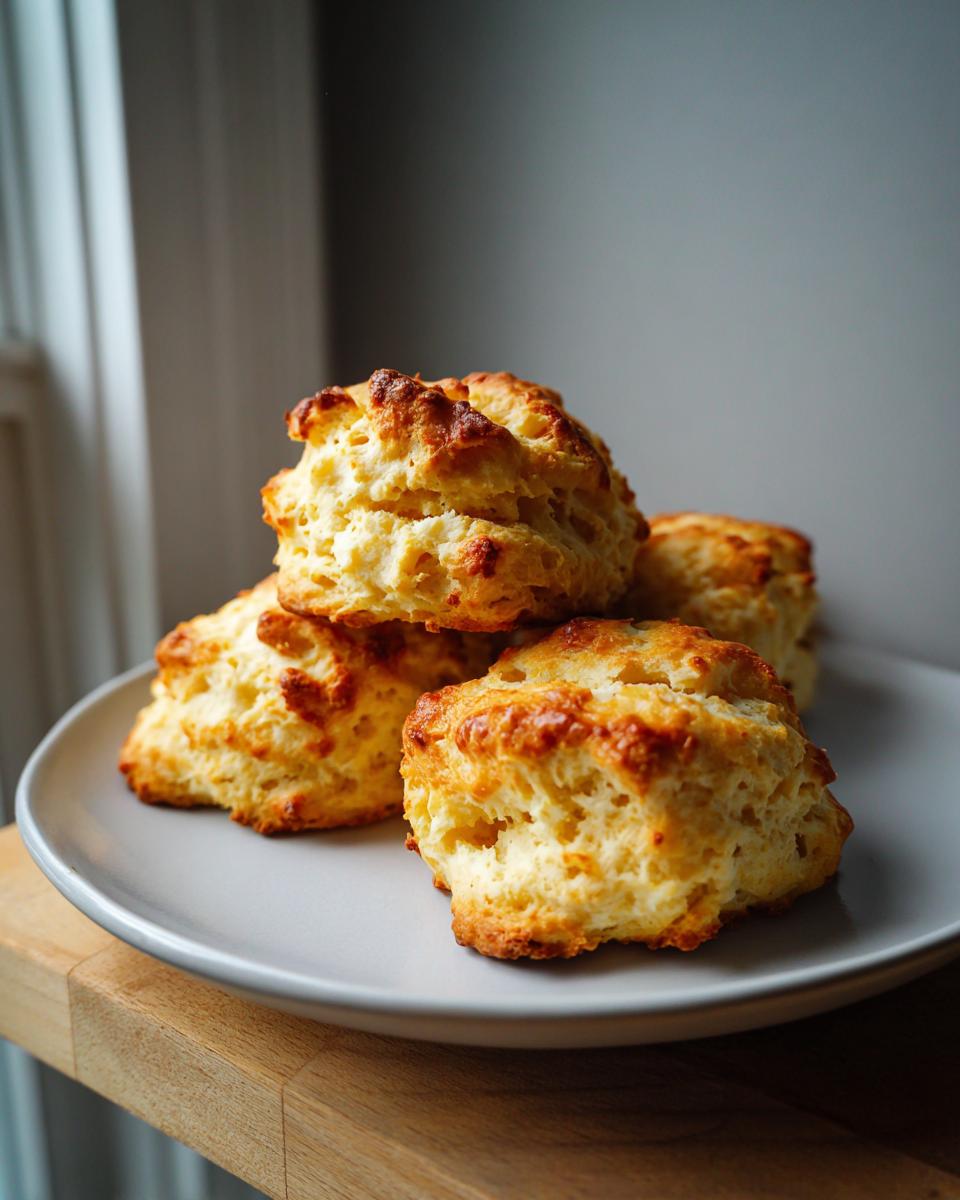 A stack of four golden brown, fluffy drop buttermilk biscuits resting on a light gray plate near a window.