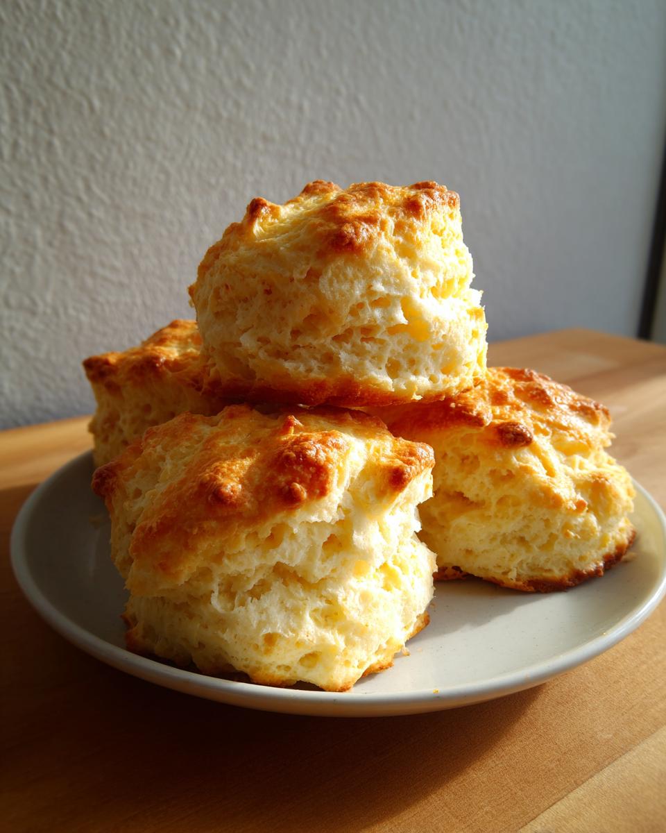A stack of four golden-brown, fluffy drop buttermilk biscuits piled on a small plate, ready to eat.