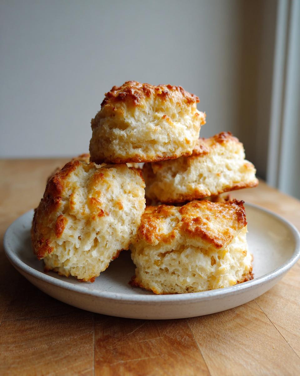 A stack of four golden-brown, fluffy drop buttermilk biscuits piled on a small, light-colored plate.