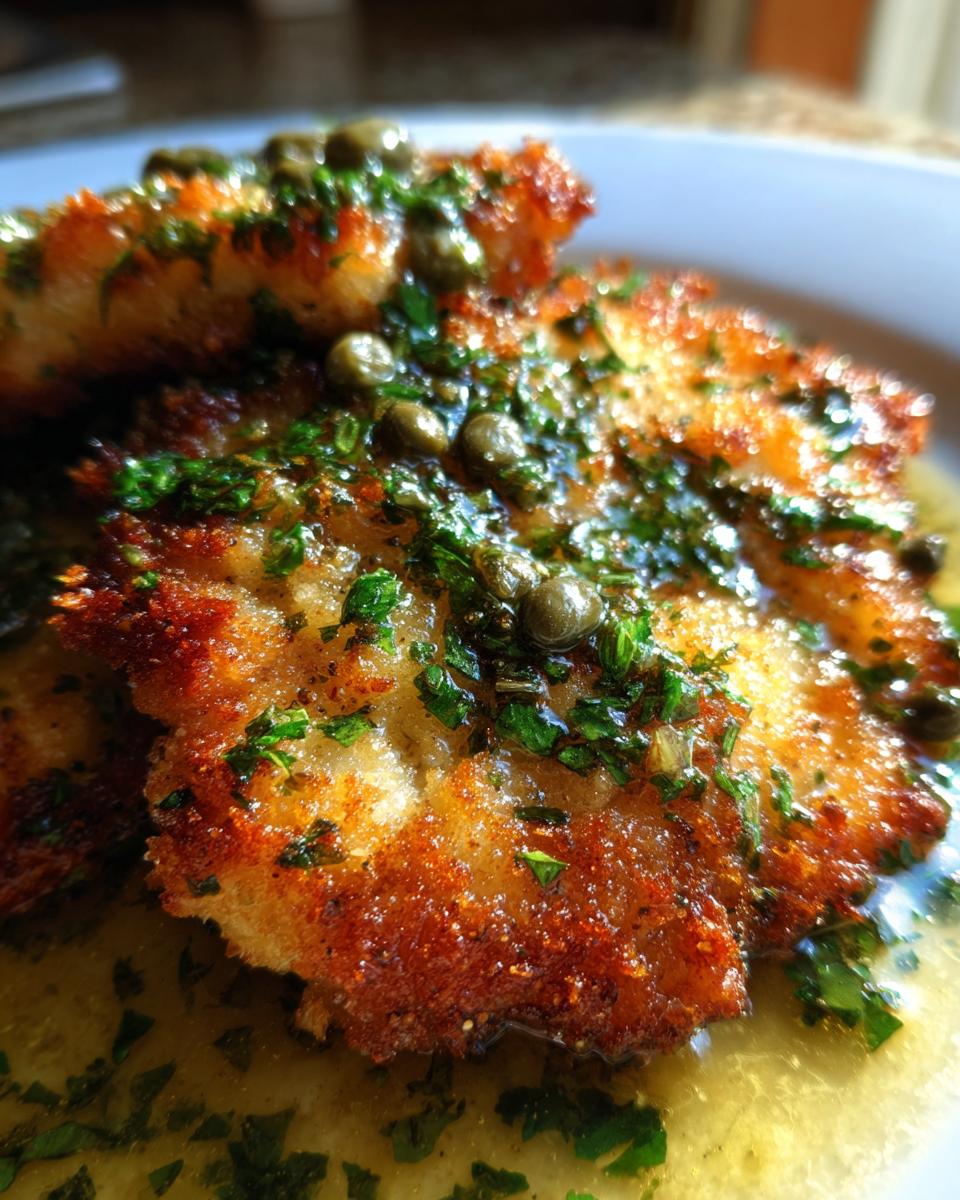 Close-up of golden-brown, pan-fried chicken cutlets topped with capers and fresh parsley for Easy Chicken Piccata.