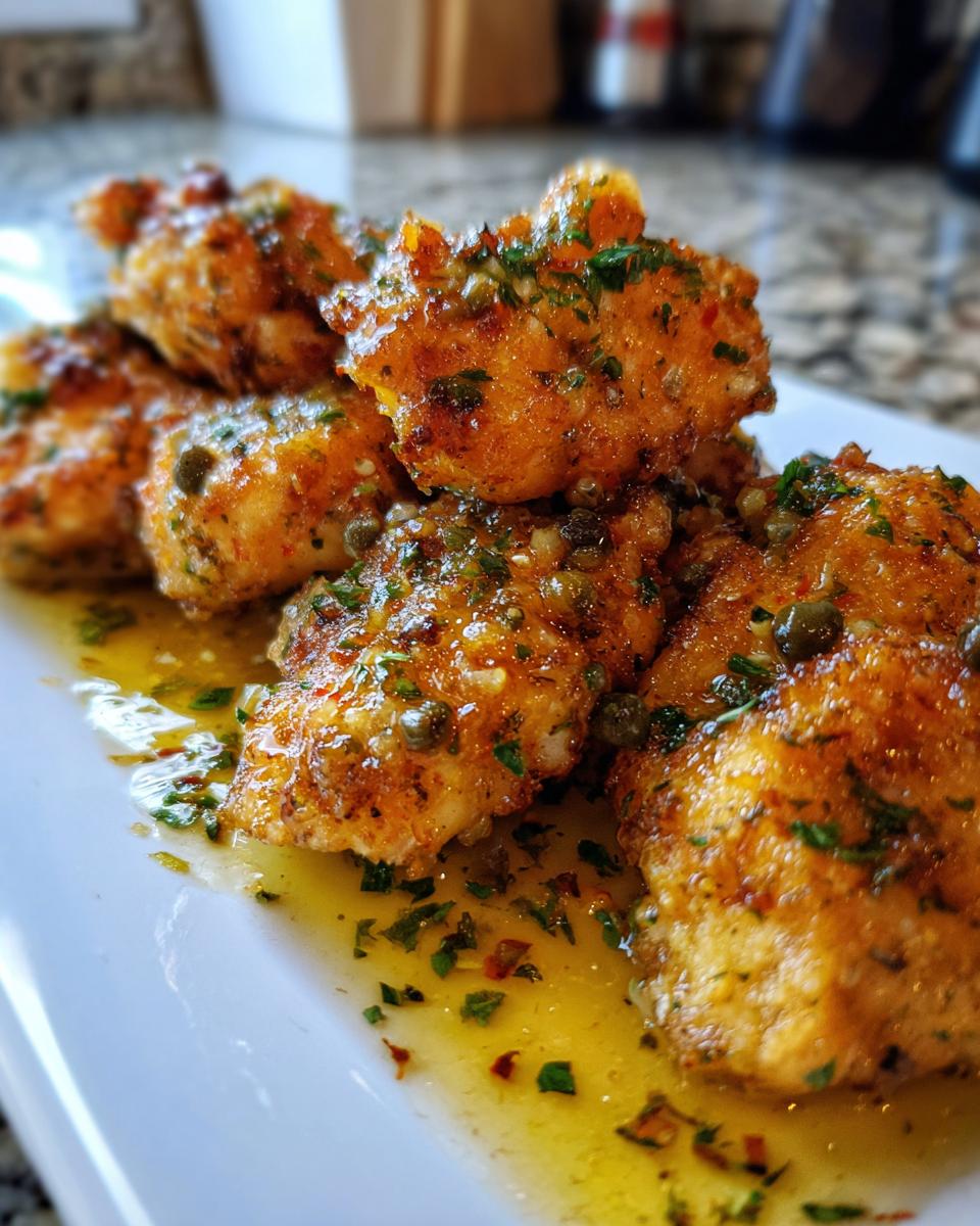 Close-up of golden, pan-seared pieces of Easy Chicken Piccata covered in a bright lemon-butter sauce with capers and parsley.