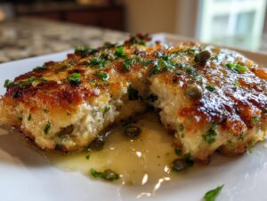 Close-up of Easy Chicken Piccata cut open, showing moist interior and glistening lemon-butter sauce with capers and parsley.