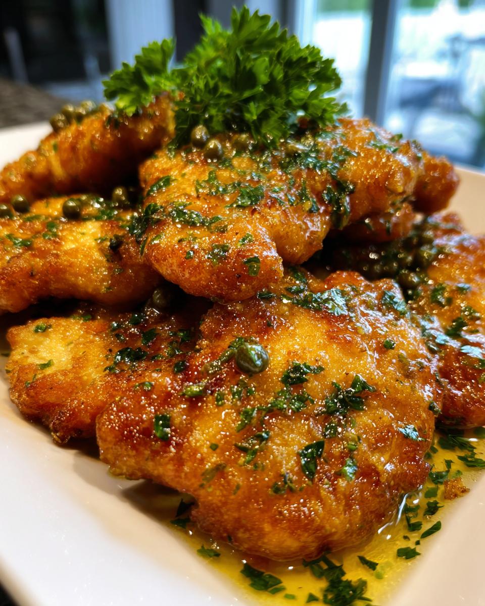 Close-up of golden, pan-fried chicken cutlets smothered in lemon butter sauce, capers, and fresh parsley, representing Easy Chicken Piccata.