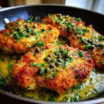 Close-up of golden brown Easy Chicken Piccata cutlets simmering in a lemon-butter sauce with capers and fresh parsley.