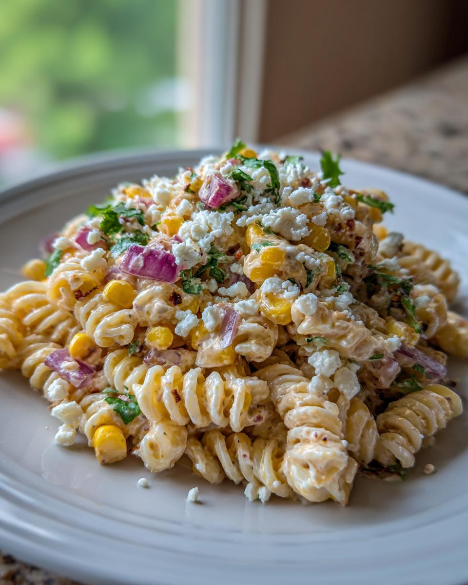 A close-up of a serving of Esquites pasta salad featuring rotini pasta, corn, red onion, and crumbled white cheese.