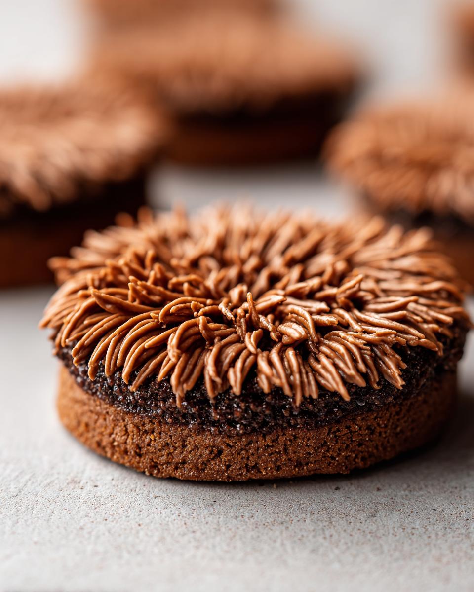 Close-up of a single, round Ewok gingerbread cookie topped with shaggy brown chocolate frosting.