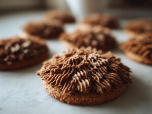 Close-up of a freshly baked Ewok gingerbread cookie topped with piped chocolate frosting resembling fur.