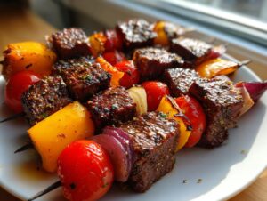 Close-up of two skewers loaded with perfectly grilled steak kabobs, featuring seasoned beef cubes, cherry tomatoes, yellow peppers, and red onion.
