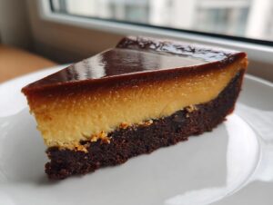A triangular slice of Chocoflan showing a dark chocolate brownie base topped with creamy caramel flan.