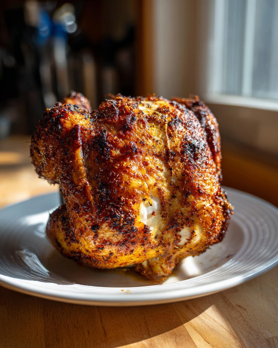 A whole, perfectly cooked Beer Can Chicken with deep golden-brown, crispy skin resting on a white plate.