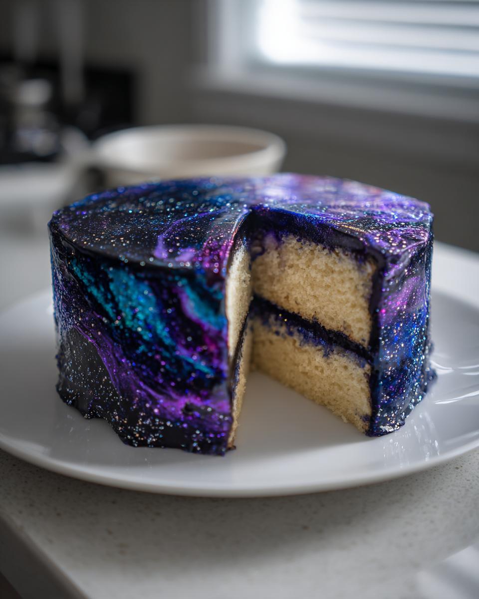 A stunning Galaxy cake with a slice removed, showing the vanilla interior and vibrant blue/purple mirror glaze.