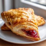 Close-up of a flaky, golden brown cherry turnover showing the bright red cherry filling oozing slightly from the pastry.