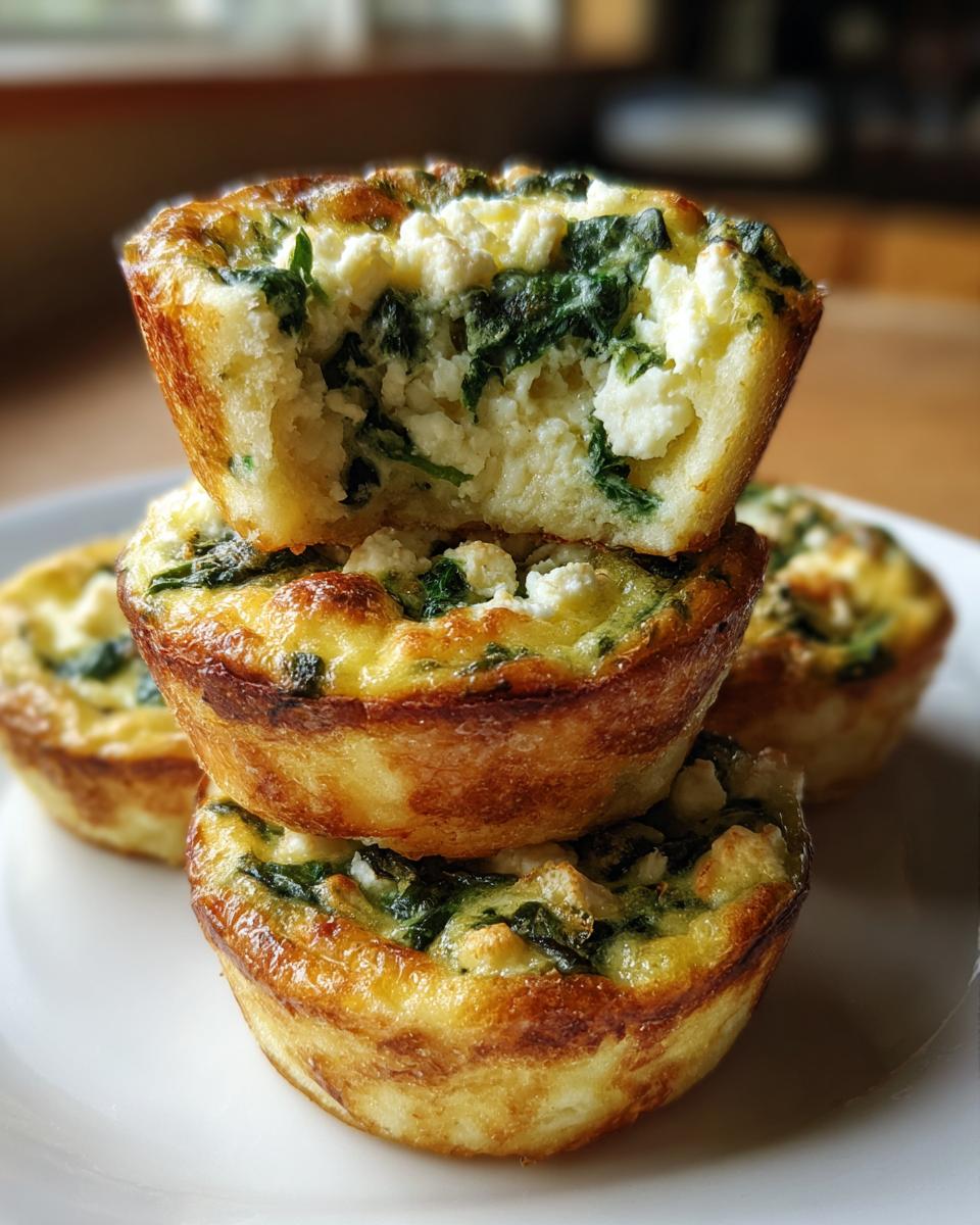 A stack of three golden-brown mini quiches filled with spinach and feta cheese, with the top one broken open.