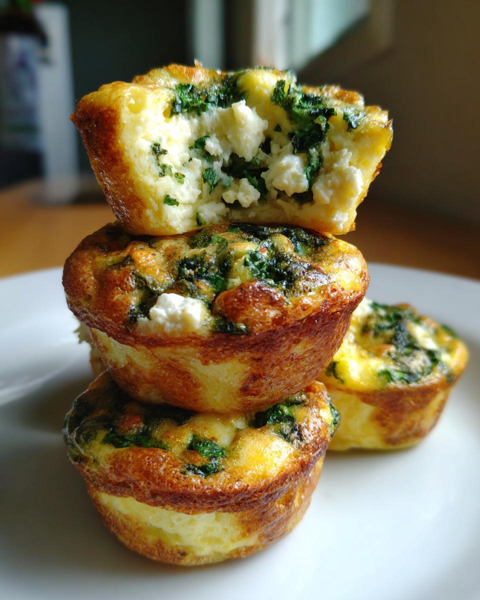 A stack of three golden-brown mini quiches, with the top one cut in half showing the fluffy interior filled with spinach and feta cheese.
