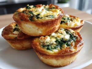 Close-up of four golden brown mini quiches stacked on a white plate, filled with spinach and feta cheese.