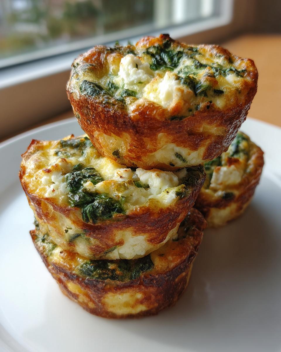 A stack of three golden-brown spinach and feta mini quiches resting on a white plate.