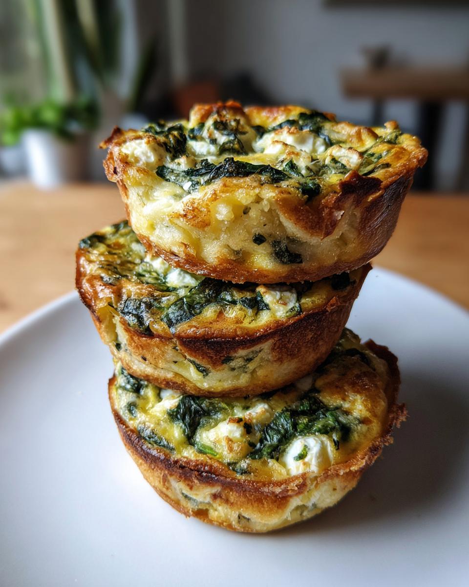 A stack of three golden-brown spinach and feta mini quiches resting on a white plate.
