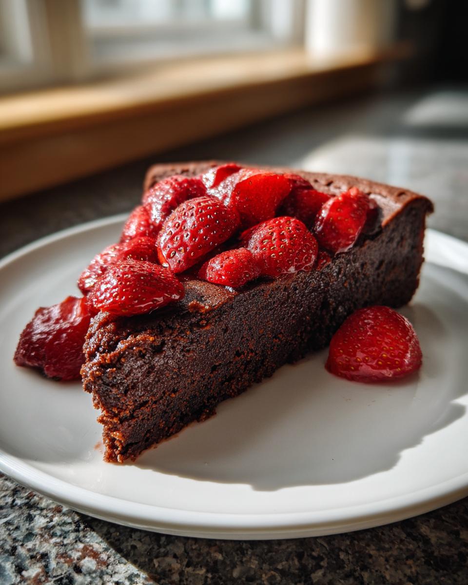 A rich slice of flourless chocolate torte topped generously with glistening roasted strawberries on a white plate.