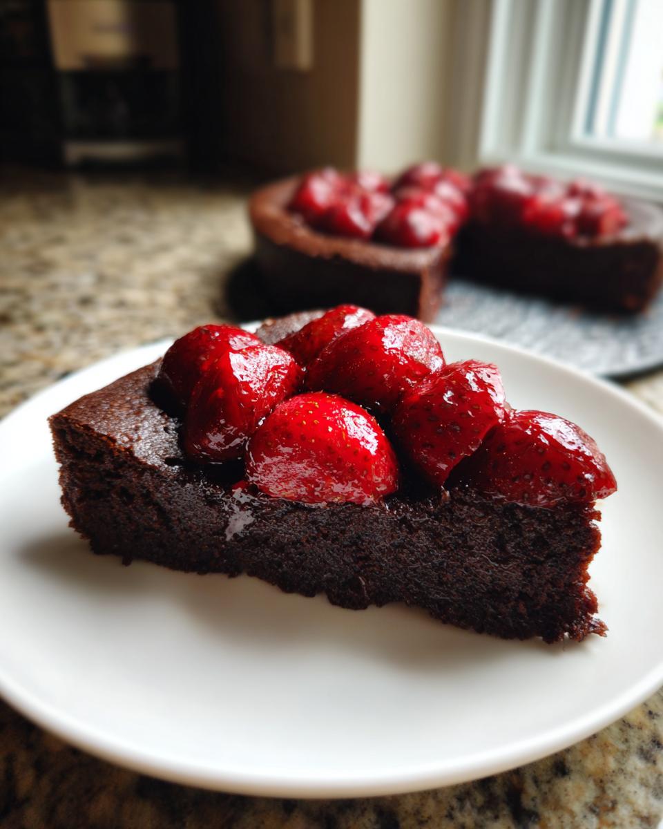 Close-up of a rich slice of flourless chocolate torte topped with glossy roasted strawberries on a white plate.