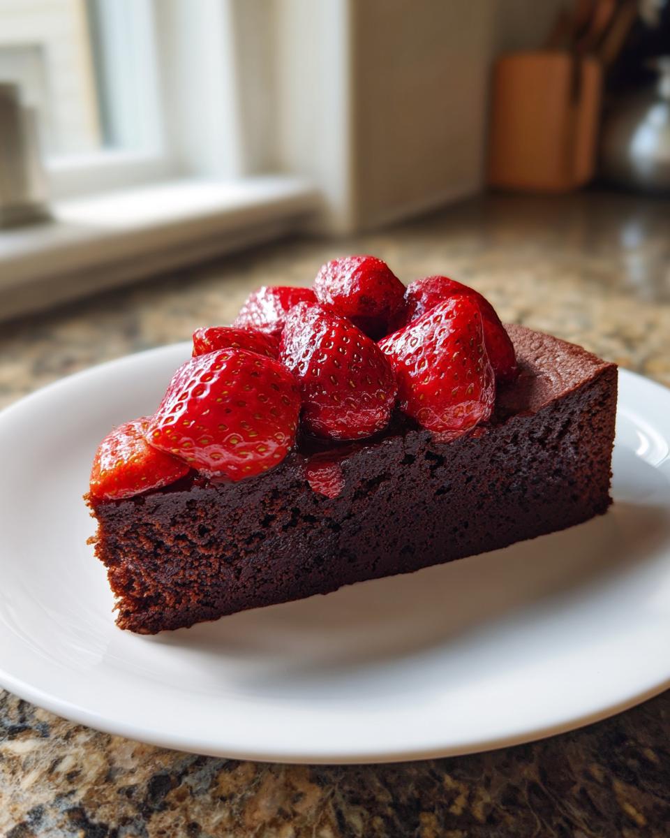 A rich slice of flourless chocolate torte topped generously with glistening roasted strawberries on a white plate.