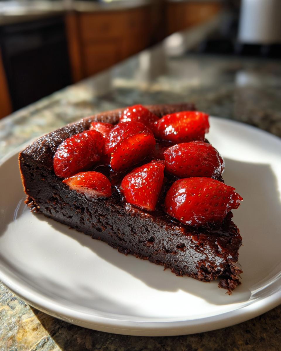 A decadent slice of flourless chocolate torte topped with glossy roasted strawberries on a white plate.