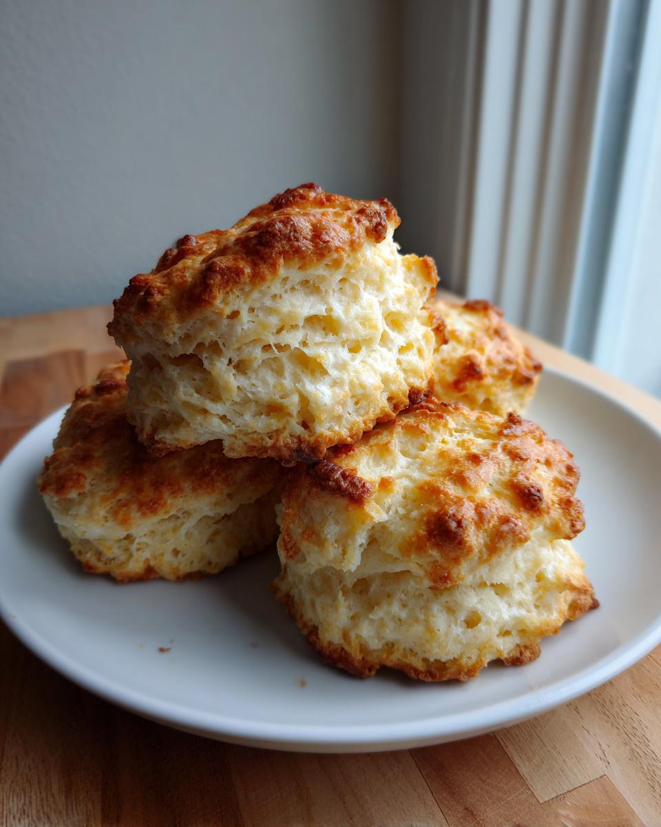 A close-up stack of four golden-brown, fluffy drop buttermilk biscuits on a white plate.
