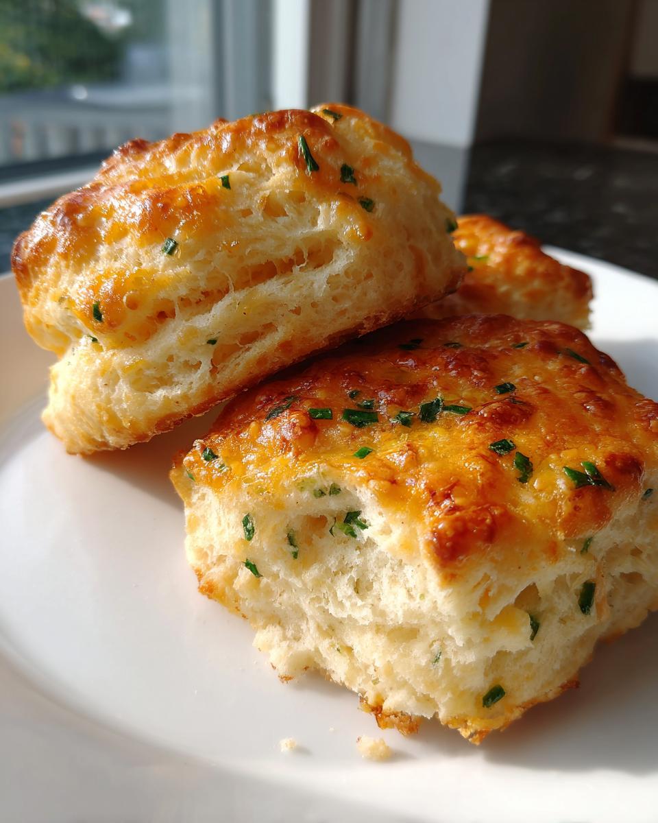 Close-up of fluffy, golden Savory cheddar biscuits stacked on a white plate, topped with melted cheese and chives.