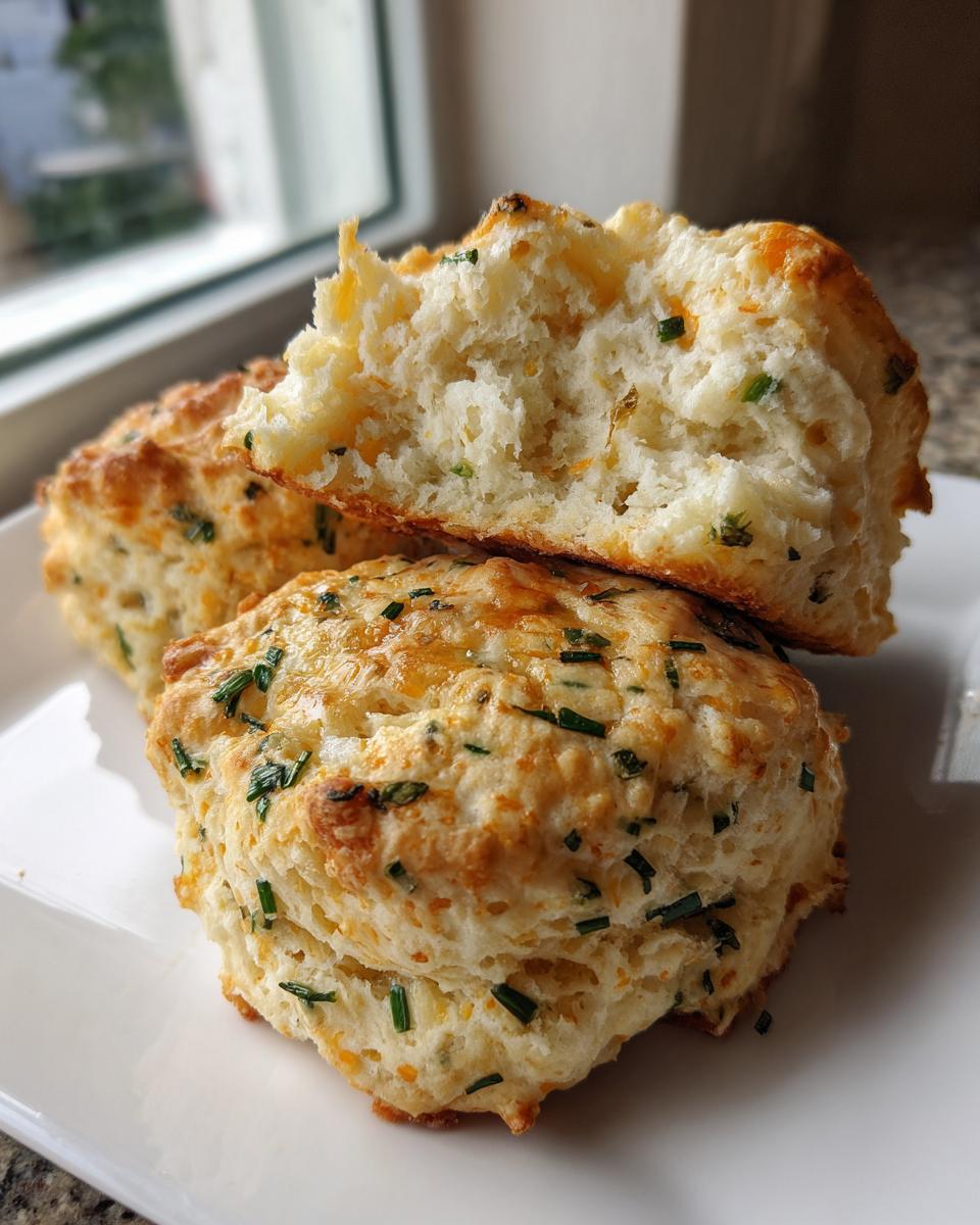 Close-up of two flaky, golden Savory cheddar biscuits, one split open showing the fluffy interior.