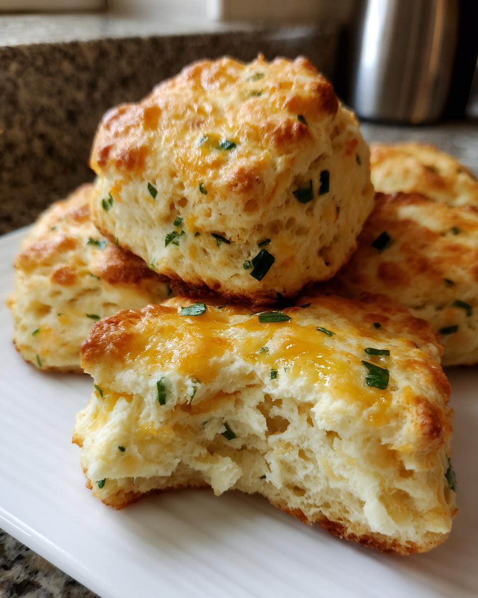 Close-up of fluffy, golden Savory cheddar biscuits, one broken open showing the soft interior and melted cheese topping.