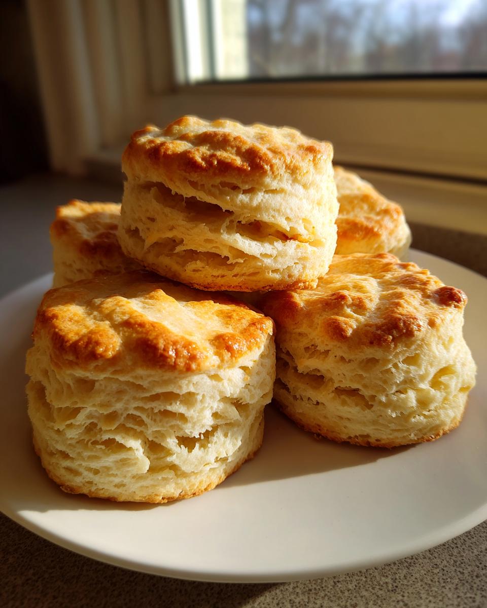 A stack of four golden-brown, flaky Southern buttermilk biscuits piled on a white plate near a sunlit window.