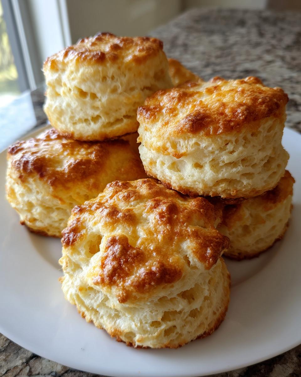 A stack of freshly baked, tall Southern buttermilk biscuits with golden brown tops served on a white plate.