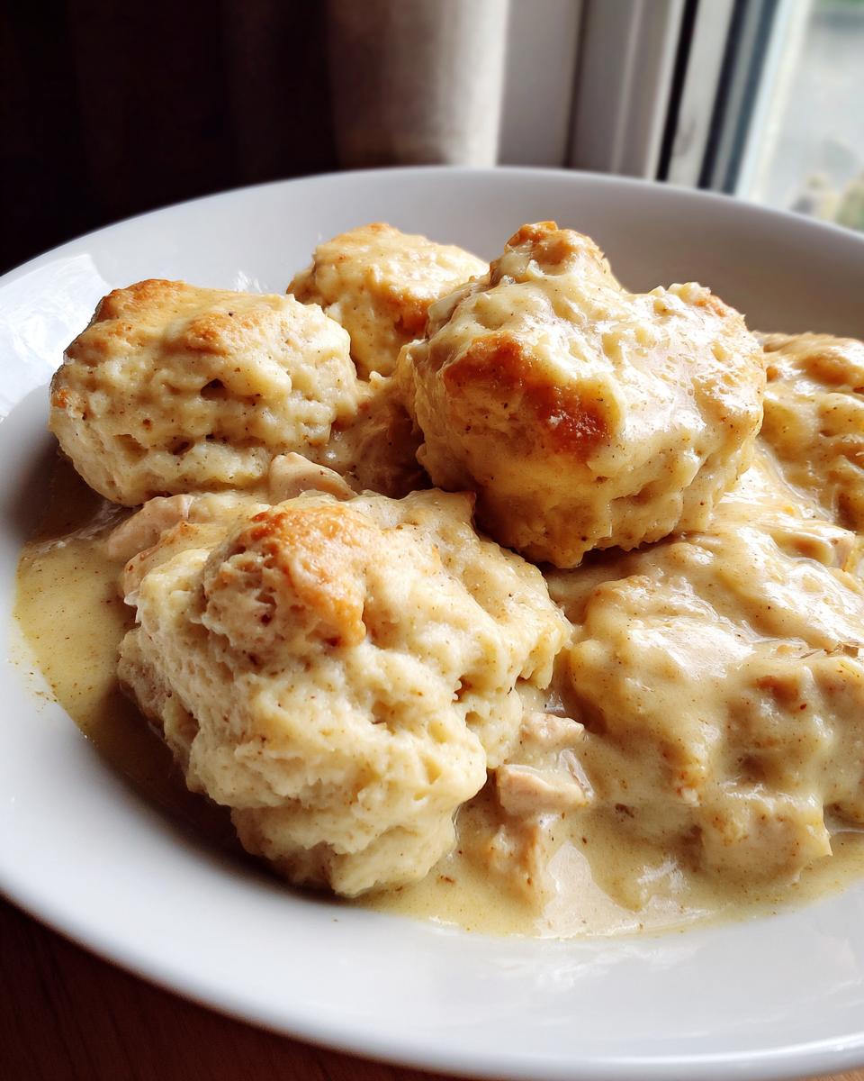 A close-up of fluffy, golden-topped dumplings swimming in rich gravy from a bowl of Southern chicken and dumplings.