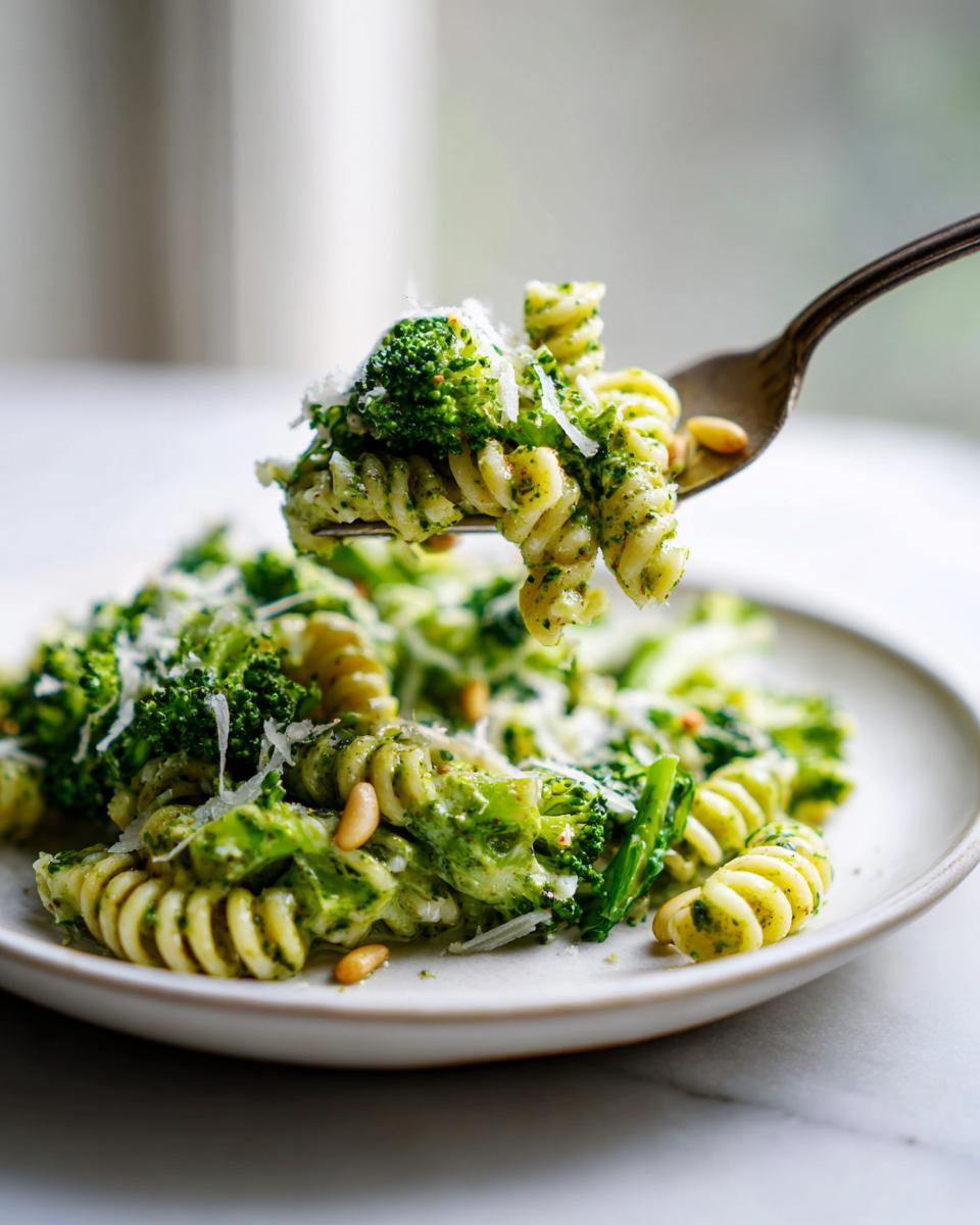 A fork lifts a bite of rotini pasta, broccoli, and pesto, showcasing the Broccoli caesar pasta salad topped with parmesan and pine nuts.