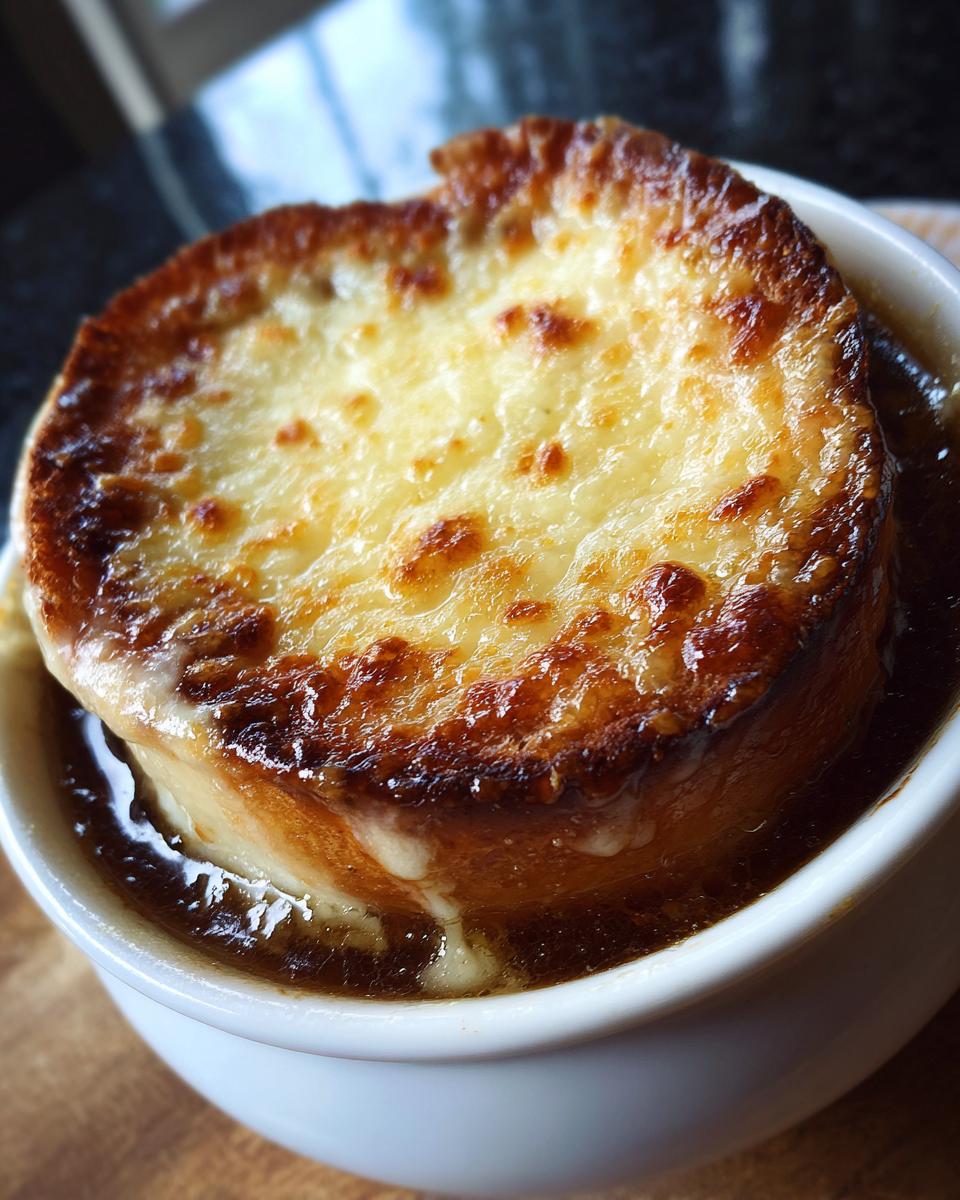 Close-up of a crock of French onion soup topped with a thick, browned, and melted layer of cheese over bread.
