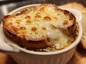 Close-up of a bubbling bowl of French onion soup topped with a thick layer of browned, melted Gruyère cheese over toasted bread.