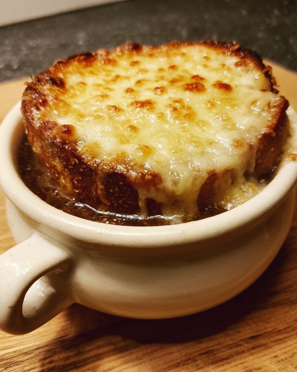 Close-up of a crock of French onion soup topped with a thick layer of browned, melted cheese over toasted bread.