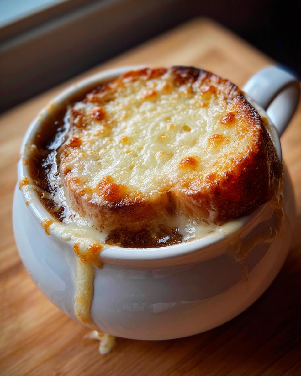 Close-up of a white crock of French onion soup topped with a toasted bread slice covered in bubbling, melted Gruyère cheese.