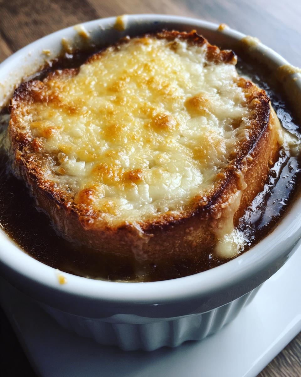 Close-up of a bowl of French onion soup topped with a thick, melted, and browned layer of cheese over crouton.