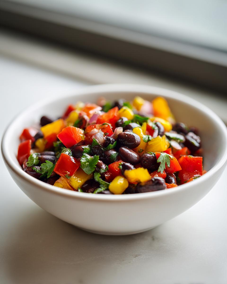 Close-up of vibrant Cowboy Caviar featuring black beans, red and yellow peppers, and cilantro in a white bowl.
